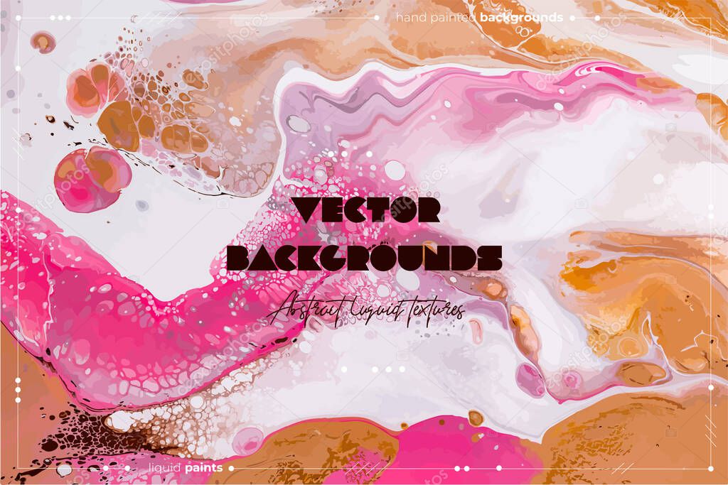 Fluid art texture. Background with abstract swirling paint effect. Liquid acrylic artwork with flows and splashes. Mixed paints for baner or wallpaper. Orange, pink and white overflowing colors.