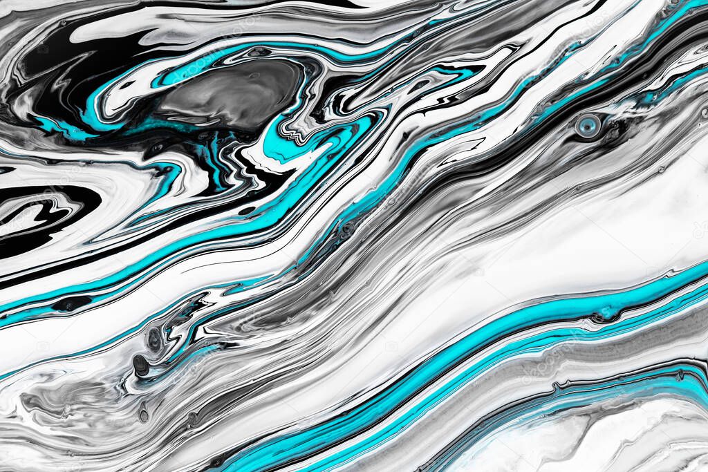 Fluid art texture. Background with abstract iridescent paint effect. Liquid acrylic artwork with flows and splashes. Mixed paints for interior poster. Black, white and blue overflowing colors.