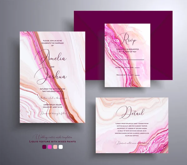 아름다운 결혼 초대장에 돌 질감이 들어 있군. 대리석 효과가 있고 소용돌이칠 수있는 페인트, 보라색, 분홍색, 흰색으로 된 벡터 카드. 카드, 포장등에 적합 한 디자인. — 스톡 벡터