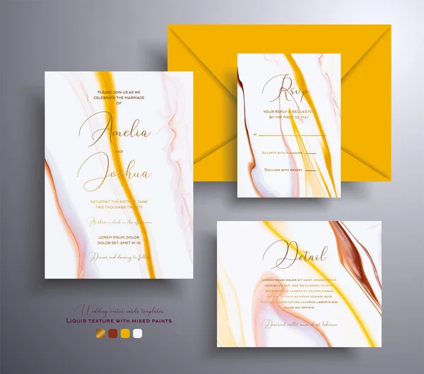 매혹적 인 결혼 초대장을 돌로 질감을 주 세요. 대리석 효과가 있고 소용돌이칠 수있는 페인트, 노란색, 황금색, 갈색을 가진 게이트 벡터 카드. 포스터, 포장등에 적합 한 디자인. — 스톡 벡터