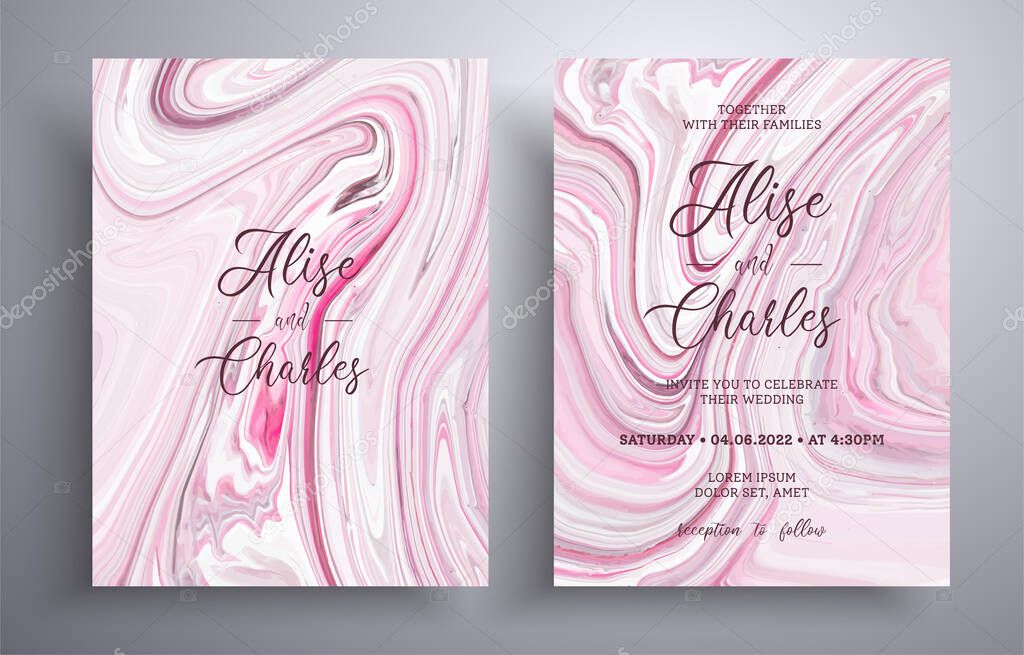 Collection of acrylic wedding invitations with stone texture. Mineral vector covers with marble effect and place for text, pink, gray and white colors. Designed for posters, brochures and etc.