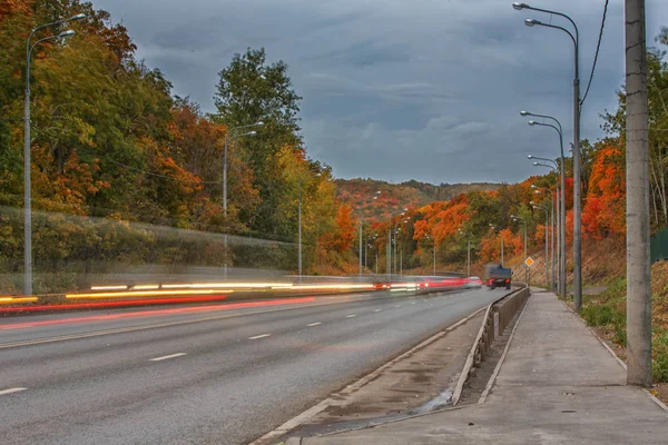 Highway in the evening in October, cars headlights on, lanterns and trees along the highway.