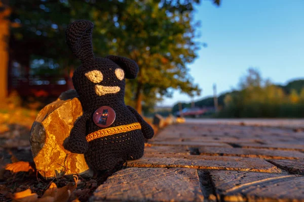 Handmade black crocheted toy walks on brick pathway, observes the street in autumn.