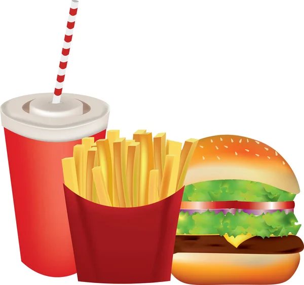 Ensemble de restauration rapide, soda, frites et hamburger — Image vectorielle
