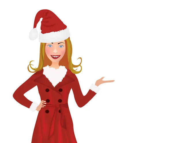 Donna Natale Con Cappello Babbo Natale Cappotto Rosso Con Qualcosa — Vettoriale Stock