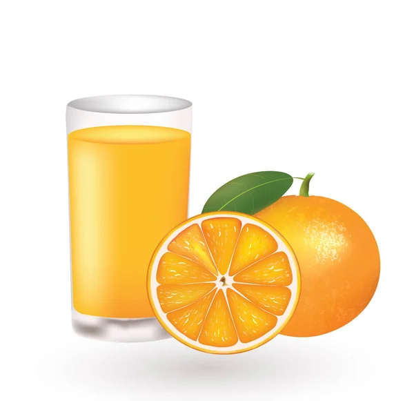 Orangensaft mit frischen Orangen und Safttropfen — Stockvektor