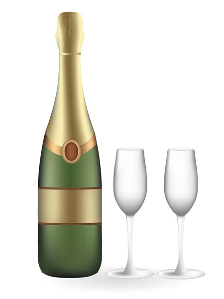 Champagneflaska med två tomma glas — Stock vektor