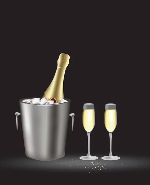 Champagneflaska i hink på en mörk bakgrund med två glas — Stock vektor