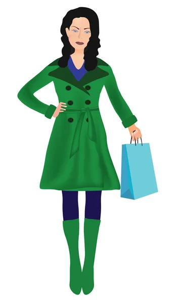 Mulher Casaco Verde Segurando Saco Compras Vetor —  Vetores de Stock