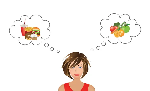 Женщина Думает Выборе Пищи Здоровой Против Нездоровой Пищи Вектор — стоковый вектор