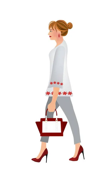 Жінка ходить і носить сумку — стоковий вектор