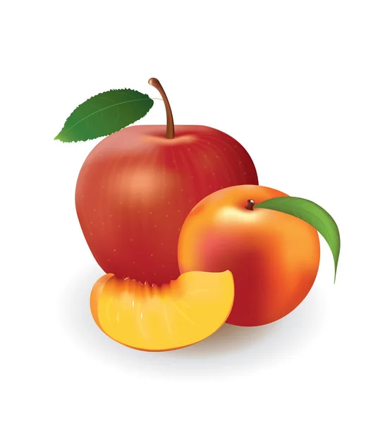 Apel dan persik pada latar belakang putih - Stok Vektor