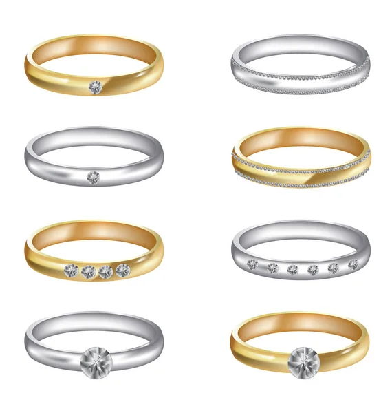 Ouro e prata anéis de casamento conjunto — Vetor de Stock