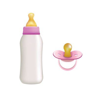 Pembe bebek şişesi ve emzik. vektör