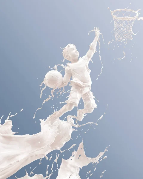 Basketbol oynarken Boy vücut şeklinde süt Splash, Boy atlama, kırpma yolu ile süt Splash. 3d illüstrasyon.