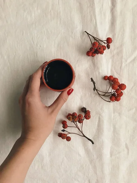 Vintage platt låg med kopp kinesiskt te, feminin hand och rowan, ovanifrån — Stockfoto