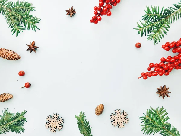 Kerstmis Achtergrond Frame Gemaakt Van Kerstboom Takken Rode Bessen Dennenappels — Stockfoto