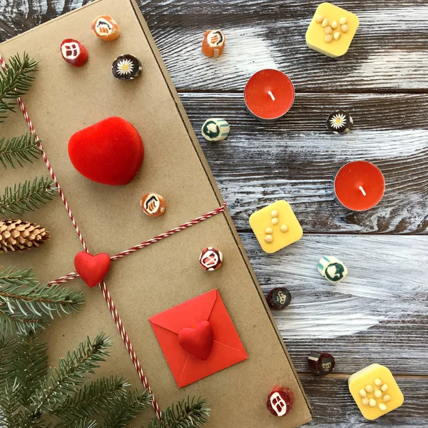 Aftelkalender Voor Valentijnsdag Houten Vintage Achtergrond Met Romantische Decoratie Cadeau — Stockfoto