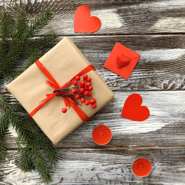 Aftelkalender Voor Valentijnsdag Samenstelling Met Romantische Decoratie Ambachtelijke Cadeau Doos — Stockfoto