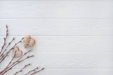 Bahar arka plan. Beyaz ahşap tahta gingerbread çerezleri Kukum şube ve kalp şeklinde. Kopya alanı düz yatıyordu, en iyi Manzaralı.