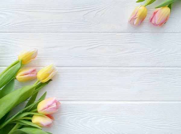 Lovely tulip flowers on white wooden background, holiday postcard for Women\'s Day or Mother\'s Day. Floral spring background with copy space. Flat lay.