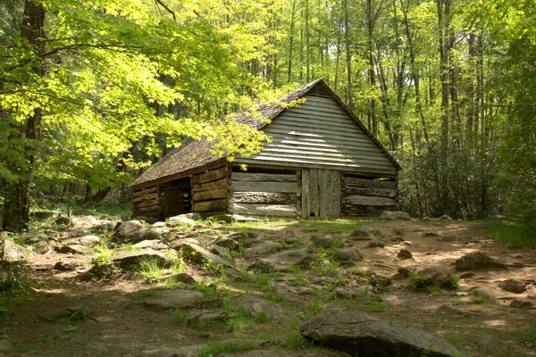 Barn Made Logs Surrounded Trees Sunlight Peaking Thru Cover — Stock Photo, Image