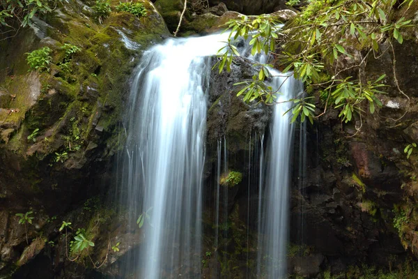 Close Uma Cachoeira Caindo Afloramento Cânion Cercado Por Vegetação — Fotografia de Stock