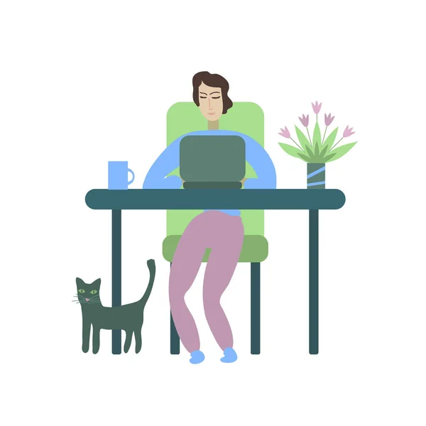 Freelancer chica y gato — Archivo Imágenes Vectoriales