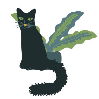 Kara kedi ve ev bitkisi çizimi