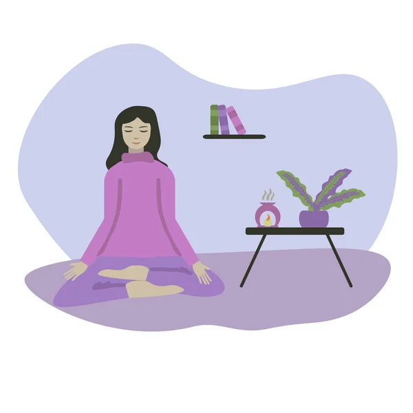 Meisje Meditatie Thuis Stress Verminderen Illustratie — Stockvector