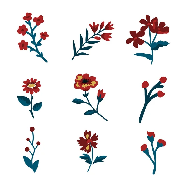 Flores Rojas Aisladas Vector Conjunto — Archivo Imágenes Vectoriales