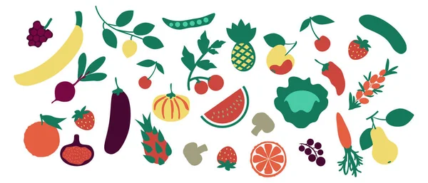 Vegetables Fruits Flat Icons Set — Stock Vector