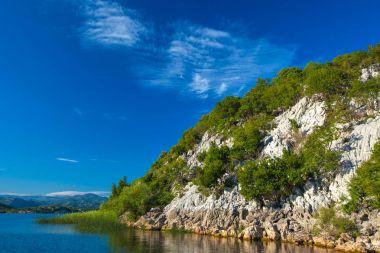 İşkodra Gölü ağaçta ile kayalık dağ yamacında. Karadağ.