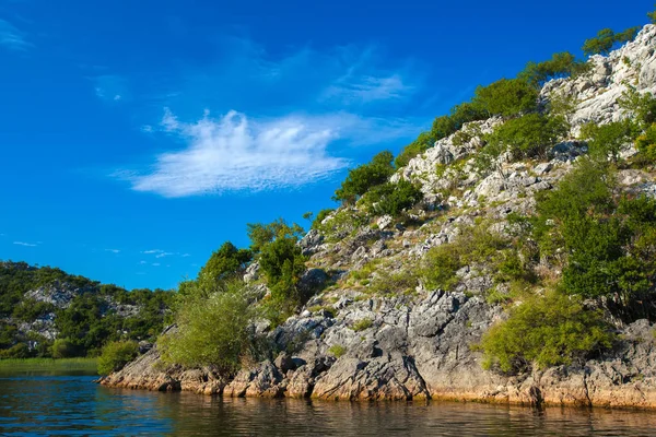 İşkodra Gölü ağaçta ile kayalık dağ yamacında. Karadağ.