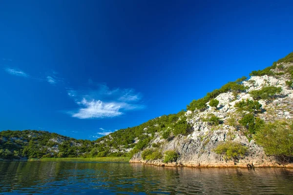 İşkodra Gölü ağaçta ile kayalık dağ yamacında. Karadağ.