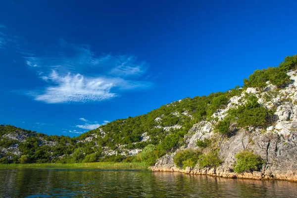 İşkodra Gölü ağaçta ile kayalık dağ yamacında. Karadağ.