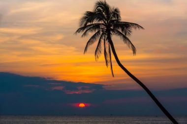 Günbatımı plajda Sanya, Çin.