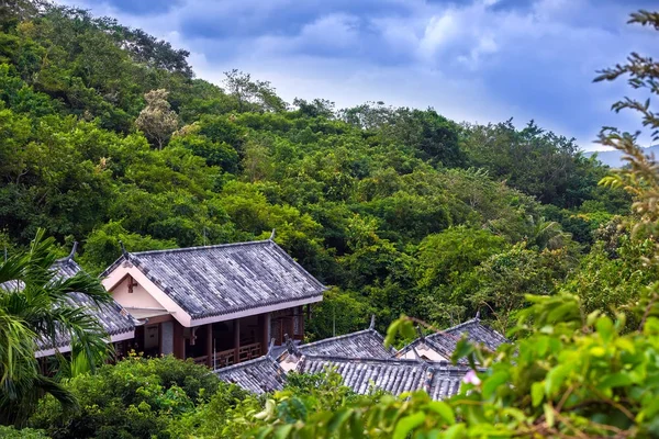 Pala tető a a dzsungelben házat. Yalong Bay trópusi paradicsomban Forest Park, Hainan, Kína. — Stock Fotó