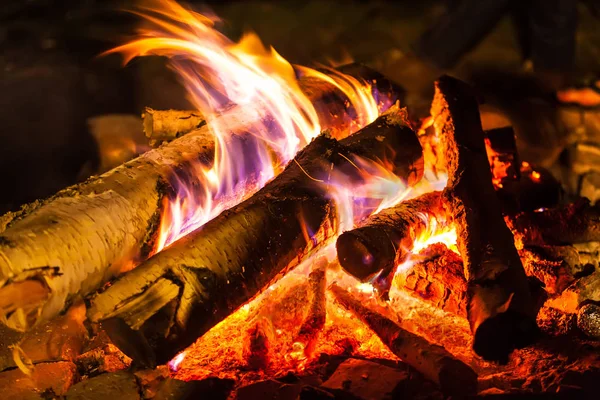 Ein Lagerfeuer aus Birkenbrennholz in Nahaufnahme. — Stockfoto