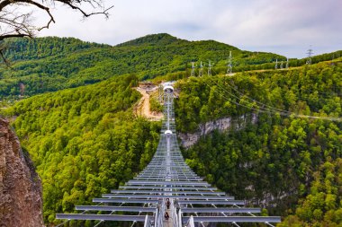 Metal bir renkli yeşil orman zemin karşı açık güneşli havalarda Mzımta River canyon ve asma köprüden yaya.