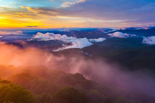 Panorama of the Black Sea coastline from Akhun mountain, Big Sochi, Russia.