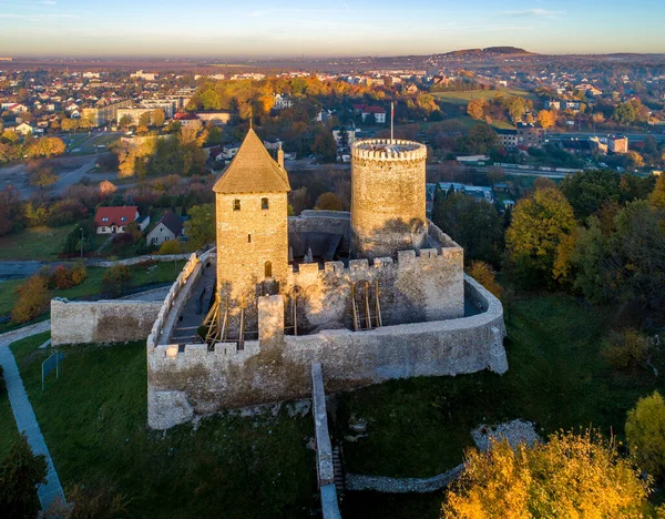 Mittelalterliche Gotische Burg Bedzin Oberschlesien Polen Luftaufnahme Herbst Sonnenaufgangslicht — Stockfoto