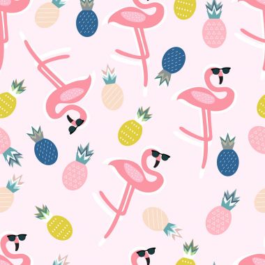 Komik flamingolar ve soyut ananas ile sorunsuz vektör çizim. Doku, web, kağıt, kumaş tasarımı için.
