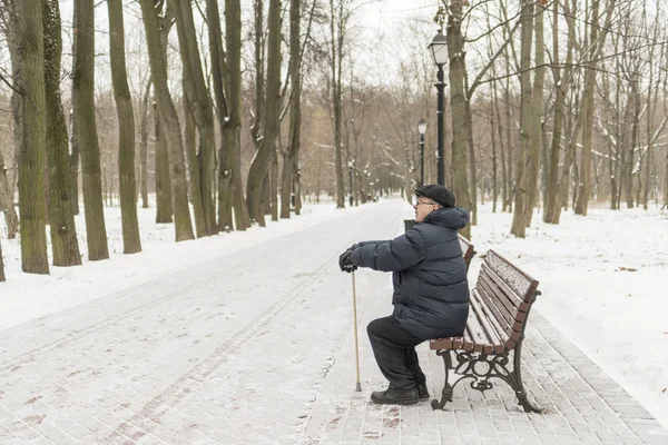 老人养老金领取人, 冬天坐在公园的长凳上。hig — 图库照片