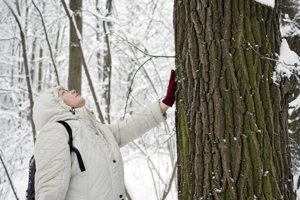 一个女人站在树边, 在佛瑞斯的冬天里看着她。 — 图库照片