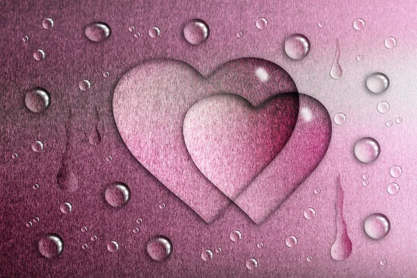 A drop of water in the shape of a heart, a pink metallic backgro — Stock Photo, Image