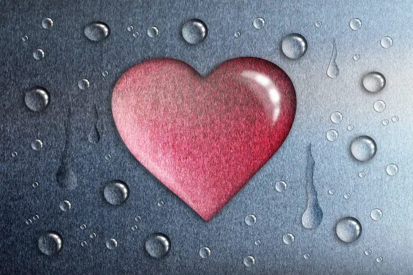 A drop of water in the shape of a heart, a blue metallic backgro — Stock Photo, Image