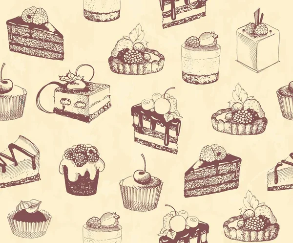 Piszkos varratmentes háttérben a vázlatok a torták és sütemények — Stock Vector