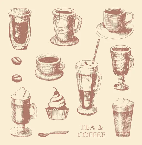 커피와 차의 컵의 스케치의 집합 — 스톡 벡터