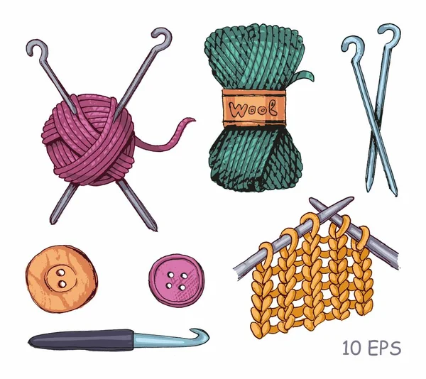 Outils et matériaux pour le tricot. Croquis vectoriel — Image vectorielle